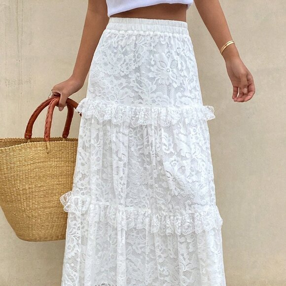 White Elegant Women's Lace Ruffle Hem Casual Flared Skirt Vacation - Picture 1 of 6
